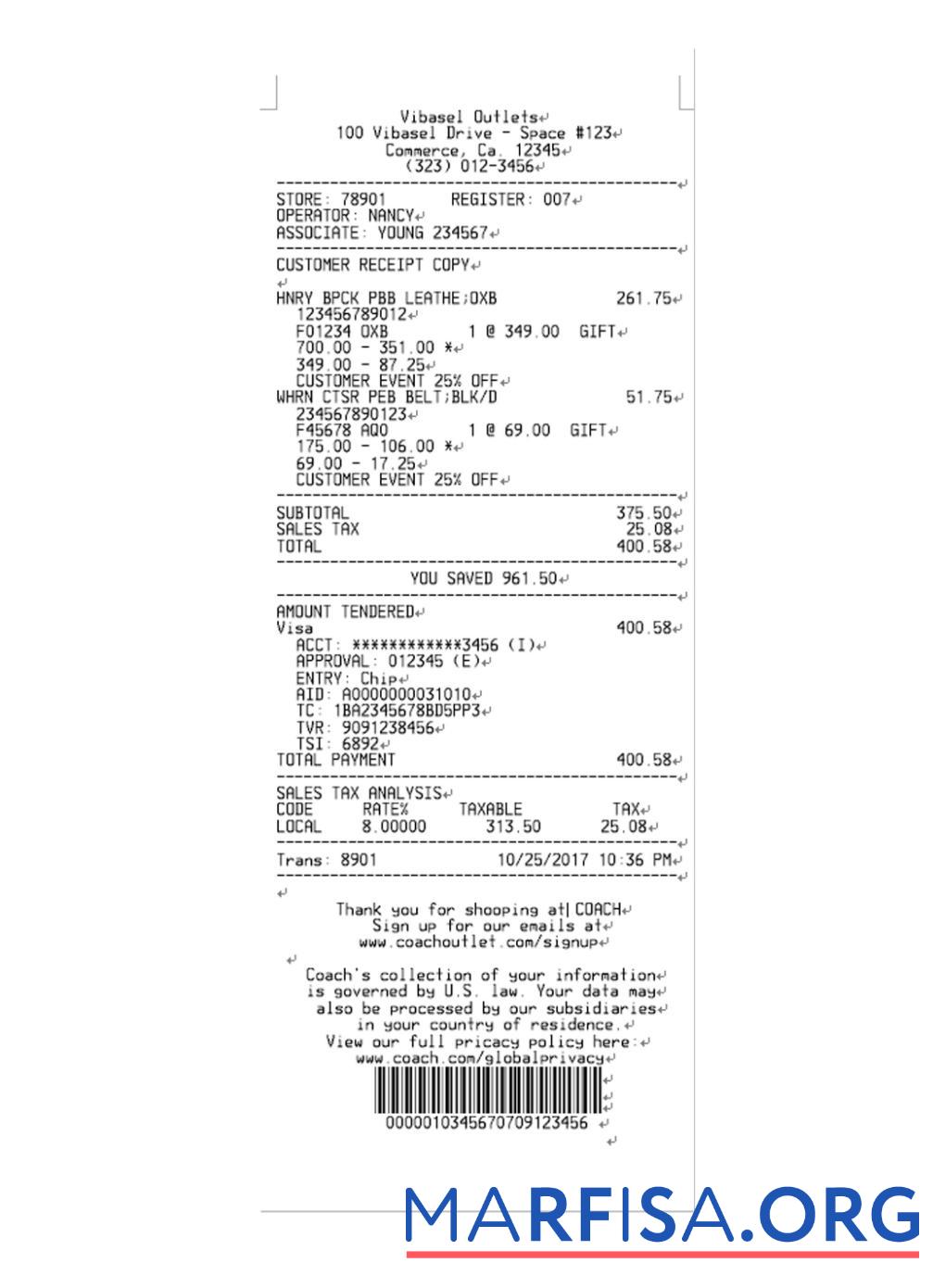 Realistic VIBASEL OUTLETS payment receipt real example